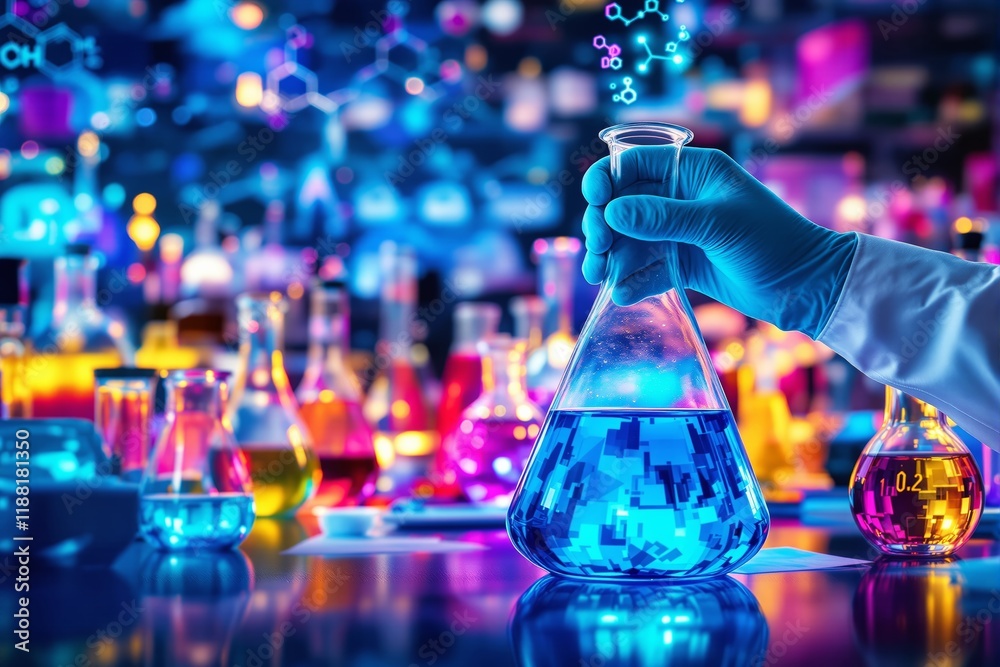 Poster gloved hand holding a beaker of blue liquid in a science laboratory background with colorful test tu