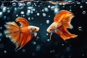 betta fishes orange in water swimming in an aquarium with clear water and bubbles, featuring vibrant orange and golden hues in a tropical underwater setting.