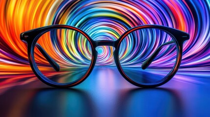 Spectacles Reflecting a Kaleidoscopic Tunnel of vibrant colors