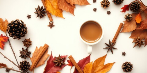 A Cozy Cup of Coffee Surrounded by the Warm Hues of Autumn Leaves and Aromatic Spices