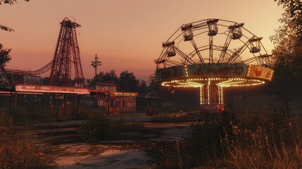 Abandoned Amusement Park at Dusk with Ferris Wheel and Rides