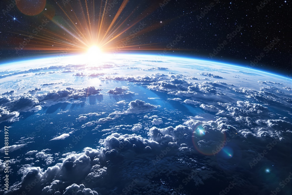Poster sunrise over earth from space with scattered clouds and a starry background.