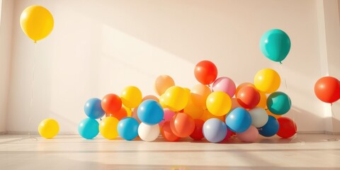 A celebration of color, with a mix of vibrant balloons scattered on a wooden floor against a white wall, illuminated by a warm, natural light.
