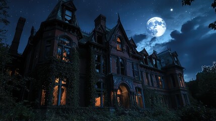 Enigmatic Victorian Mansion Under Full Moon at Night Sky