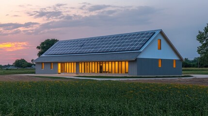 Obraz premium Sustainable Barn at Sunset: Eco-Friendly Architecture in Rural Setting
