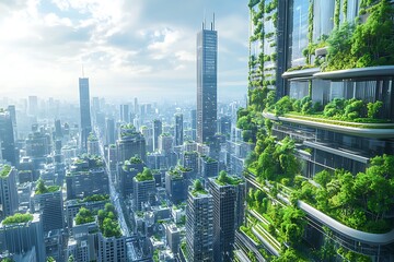 Obraz premium A futuristic cityscape with towering skyscrapers made of glass and steel, with advanced technology and green spaces integrated seamlessly