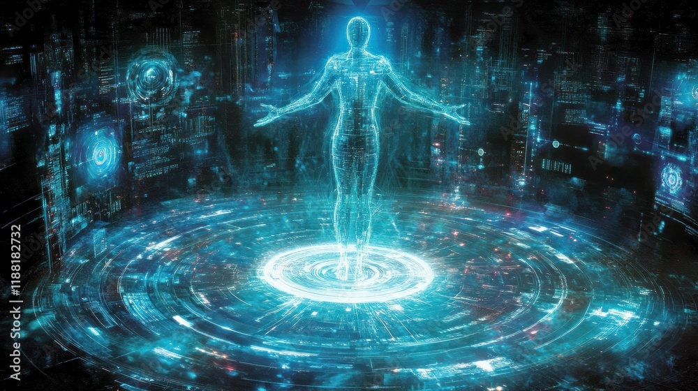 Poster Digital Humanoid Within Futuristic Technological Interface