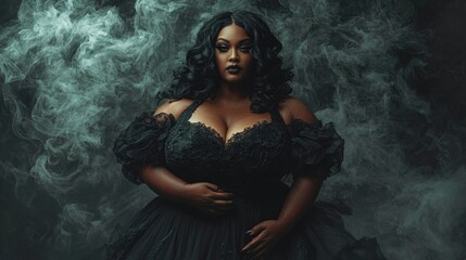 Fototapeta premium Elegant Woman in Dark Dress Surrounded by Mystical Smoke