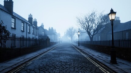 Fototapeta premium Foggy Night Street with Vintage Lamp Posts and Quiet Houses