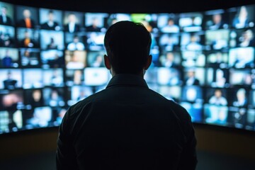 Person Staring at Multiple Screens Displaying Various Images, Representing Technology, Communication, and Information Overload in a Modern Digital Environment