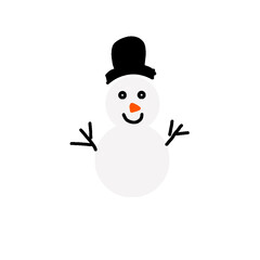 A cute snowman with a black hat smiles cheerfully, perfect for Christmas designs, greeting cards and children's illustrations