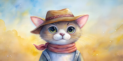 Adorable Watercolor Cat in Cowboy Hat