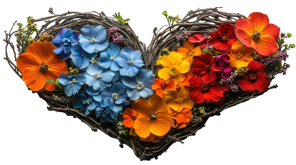 Heart of Flowers: A vibrant and symbolic heart shape created by a captivating arrangement of diverse blooms.  A whimsical floral art piece for your next creative project.