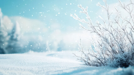 A snowy winter scene featuring frosty branches adorned with snow, set against a pale blue sky, creating a serene and picturesque backdrop ideal for seasonal marketing.
