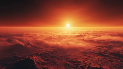 Fototapeta premium Red sun above clouds and rocky landscape, possible environmental backdrop
