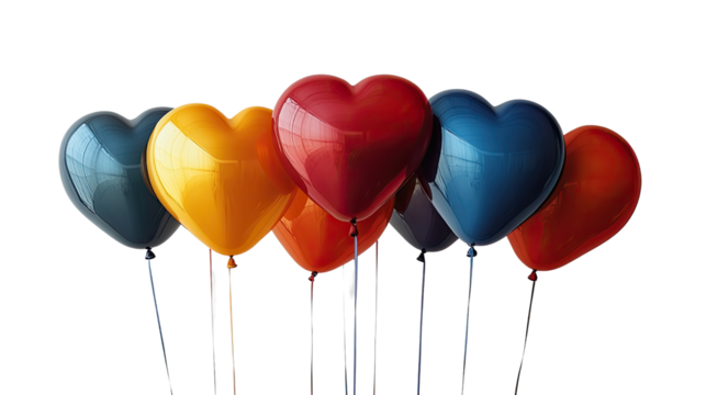 Heartfelt Celebration: A cluster of vibrant, heart-shaped balloons, each a unique shade of red, orange, yellow, blue, and purple, creates a playful and celebratory atmosphere.  