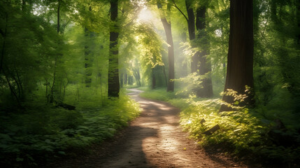 Sunlit path through verdant forest