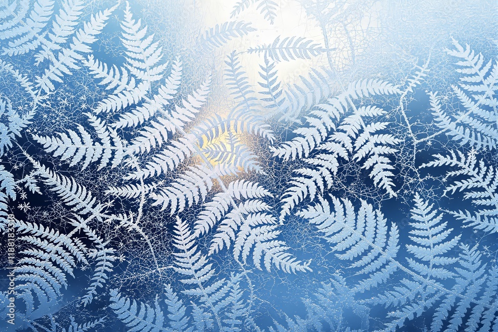 Poster frosted fern patterns on a bright icy blue background with sunlight glow.
