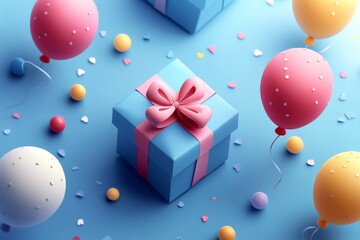 A colorful gift box surrounded by balloons with festive decorations and confetti, creating a cheerful celebration vibe for a holiday or birthday