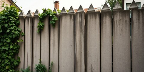 Fototapeta premium A weathered wooden fence with pointed top rails, adorned with a vibrant green vine that adds a touch of nature