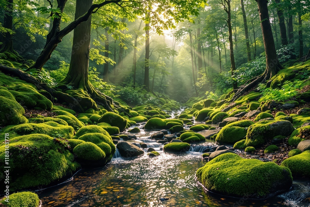 Aufkleber Serene forest with moss-covered rocks and sunlight streaming through trees creating a tranquil river scene.