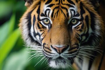 Fototapeta premium Majestic tiger staring intently in lush greenery