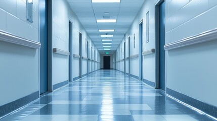 Empty Hospital Corridor with Blue Walls and Bright Lighting