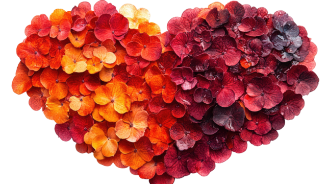 Heart of Hydrangeas: A vibrant heart shape meticulously crafted from the petals of hydrangeas in a spectrum of warm colors, from fiery orange to deep burgundy.