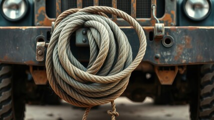 A thick rope coiled and ready to be used for towing or securing a vehicle.