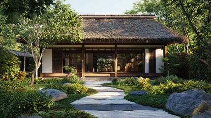 Tranquil Japanese House Surrounded by Lush Greenery and Pathways
