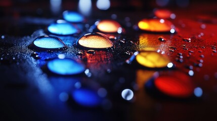 Illuminated Water Droplets Arranged In Rows On Dark Surface