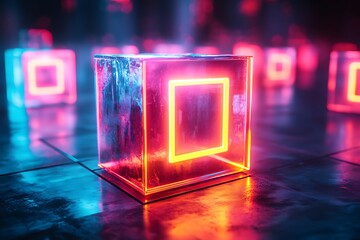 A futuristic cube with a glowing digital icon, softly illuminated by colorful lights, set against a blurred backdrop of other cubes, creating a modern and sleek ambiance