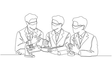 Continuous one line drawing of group of scientists discussing lab result, experiments and research in scientific laboratory concept, single line art