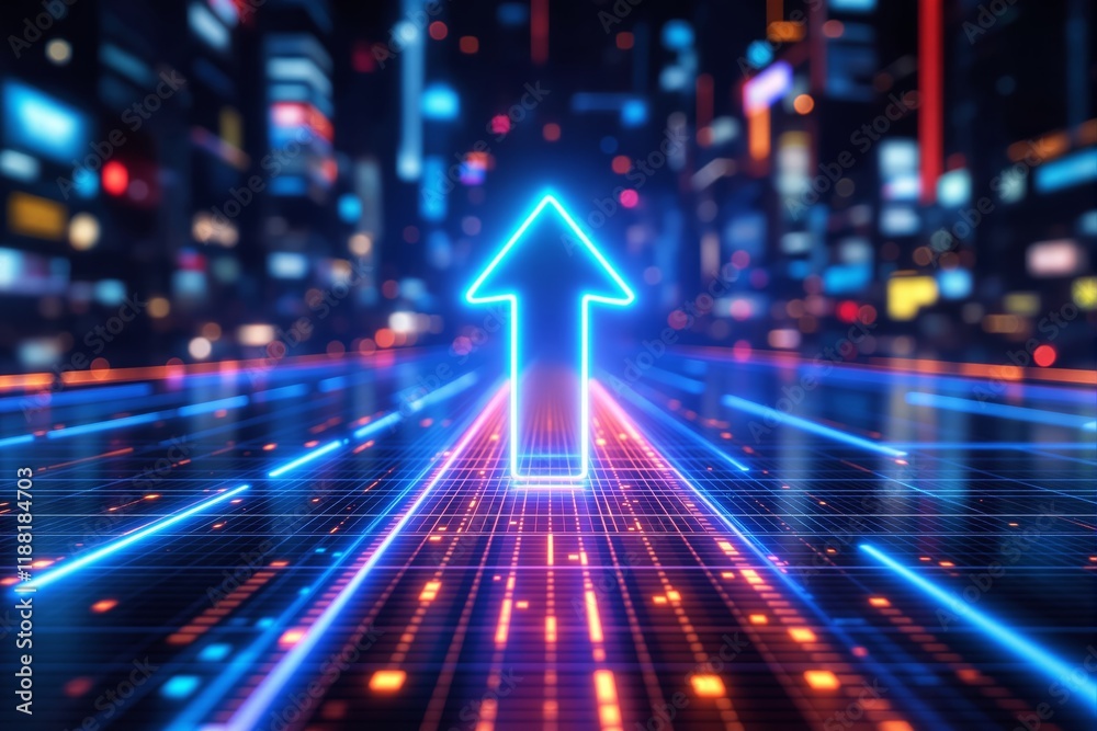 Poster neon arrow pointing upwards on glowing futuristic digital grid with blurred city lights in the backg