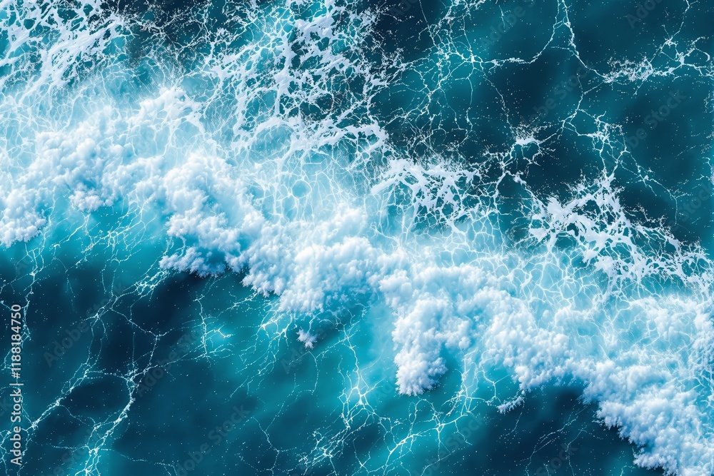 Poster aerial view of ocean waves crashing with white foam over vibrant blue water, showcasing dynamic sea 