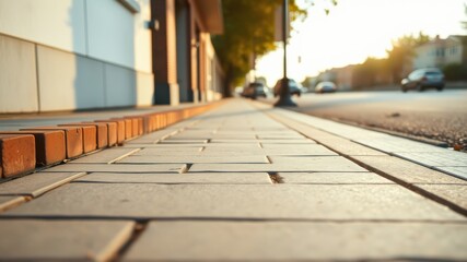 A close-up view of a brick-lined sidewalk leading to a bustling street with cars passing by