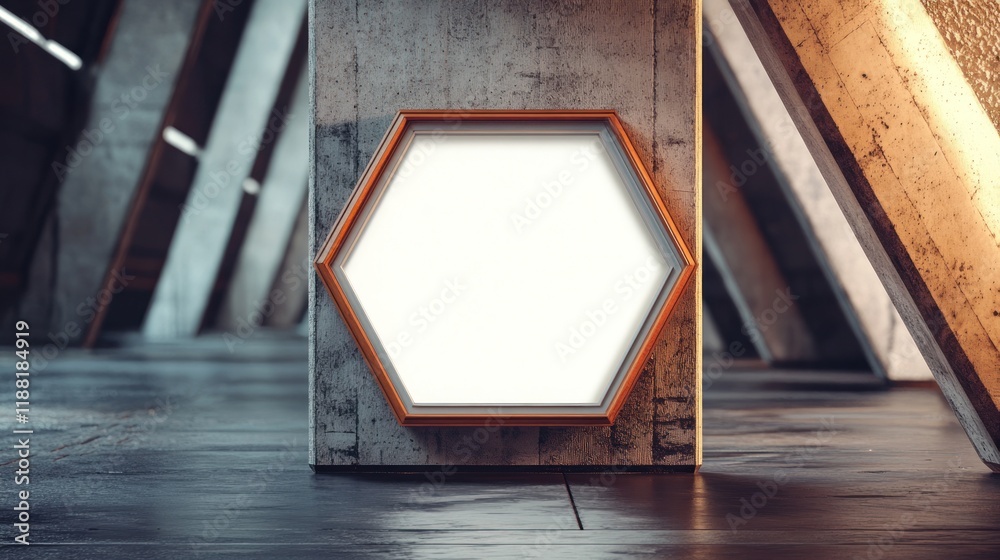 Aufkleber hexagonal frame on a concrete wall in modern architecture