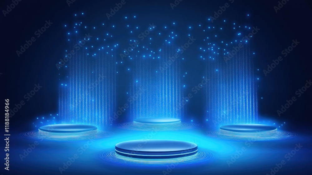 Poster blue futuristic platforms with digital data streams