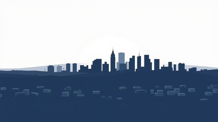 Simple geometric flat style city landscape with buildings, hills, and trees in abstract design, architecture, cityscape, geometric