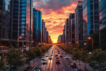 Naklejka premium Urban road amid tall modern buildings at sunset with vibrant sky in the background.