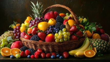 Abundant Fruit Basket Displayed on Dark Background with Fresh Variety