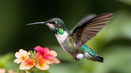 Fototapeta premium Colorful Hummingbird Hovering Near Vibrant Flowers in Nature