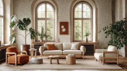 Serene Living Room Interior Design: Modern Furniture in a Historic Setting