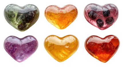 Sweet Heart Candies: A vibrant collection of six heart-shaped candies, each bursting with a unique color and flavor, showcasing the artistry of confectionery.  