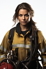 Obraz premium A confident female firefighter in uniform, showcasing strength and determination against a neutral backdrop.