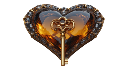 Heart Key to Love: An ornate heart-shaped locket, crafted from amber and adorned with sparkling gems, holds a golden antique key, symbolizing secrets, love, and untold stories.  