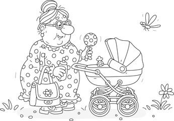 Funny granny nanny with a toy rattle and a small milk bottle walking with a baby stroller in a summer park, black and white outline vector cartoon for a coloring book