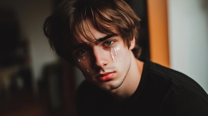 Obraz premium Melancholy Portrait: A Young Man's Tears Reflect Inner Turmoil
