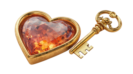 Heartfelt Key: A glimmering golden key and a heart-shaped jewel, intricately designed and radiating warmth, symbolize the unlocking of love and happiness.