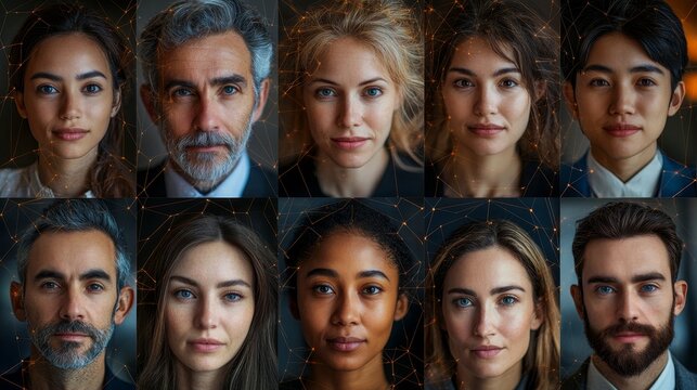 Diversity and connection among people: mixed race portraits of men and women with digital network overlay